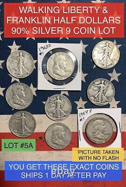 Walking Liberty & Franklin Half Dollars 90% Silver 9 Coin Lot You Get These 9