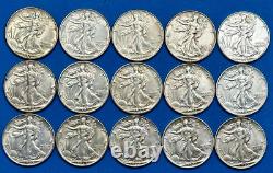 Walking Liberty Half Dollar 15-Coin Roll AU/BU Mix from 1940's Full Busts