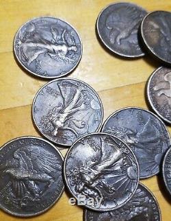 Walking Liberty Half Dollar 90% Silver Coins $10 roll higher grades, dirty
