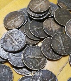 Walking Liberty Half Dollar 90% Silver Coins $10 roll higher grades, dirty