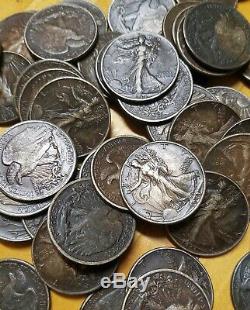 Walking Liberty Half Dollar 90% Silver Coins $10 roll higher grades, dirty