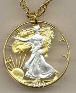 Walking Liberty Half Dollar Cut US Coin Necklace Gold on Silver Pendant with Chain