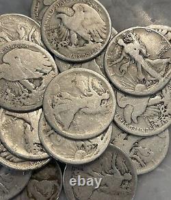 Walking Liberty Half Dollar Full Roll LOW GRADE 20 Coins 90% Silver