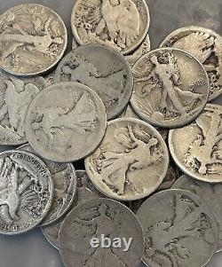 Walking Liberty Half Dollar Full Roll LOW GRADE 20 Coins 90% Silver