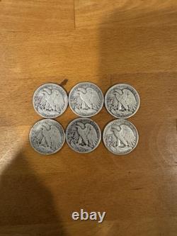 Walking Liberty Half Dollar Lot Of 6 Random Dates. Circulated