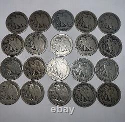 Walking Liberty Half Dollar Roll 20 Coins Circulated 90% Silver