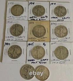Walking Liberty Half Dollars 50 Cent 1937 -1947 90% Silver Coins Lot Of 11