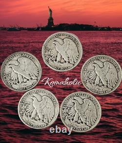 Walking Liberty Half Dollars, Lot Of 5, 90% Silver US Coins Various Years And MM