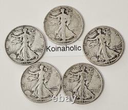 Walking Liberty Half Dollars, Lot Of 5, 90% Silver US Coins Various Years And MM