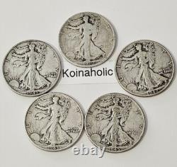 Walking Liberty Half Dollars, Lot Of 5, 90% Silver US Coins Various Years And MM