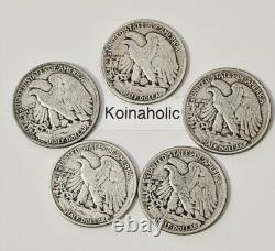 Walking Liberty Half Dollars, Lot Of 5, 90% Silver US Coins Various Years And MM