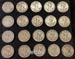 Walking Liberty Half Dollars Roll Of 20 All Different 90% Silver $10 Fv