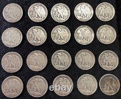 Walking Liberty Half Dollars Roll Of 20 All Different 90% Silver $10 Fv