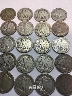 Walking Liberty Halves $10 Face Falue 90% Silver 1 Roll 20 Coins