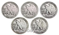 Walking Liberty Set of 5 Half Dollars Very Good Random Date