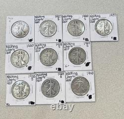 Walking Liberty Silver Half Dollars Lot Of 10, Circulated 90% Silver