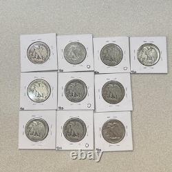 Walking Liberty Silver Half Dollars Lot Of 10, Circulated 90% Silver