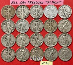 Walking Liberty Silver Half Dollars Roll Lot of 20 SAN FRANCISCO MINT Coins WS20