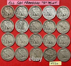 Walking Liberty Silver Half Dollars Roll Lot of 20 SAN FRANCISCO MINT Coins WS20