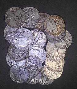 Walking Liberty half-dollars roll of 20, 90% silver circulated $10 face mix date