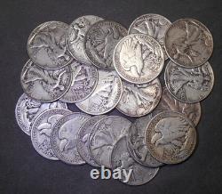Walking Liberty half-dollars roll of 20, 90% silver circulated $10 face mix date