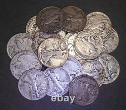 Walking Liberty half-dollars roll of 20, 90% silver circulated $10 face mix date