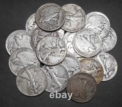 Walking Liberty half-dollars roll of 20, 90% silver circulated $10 face mix date