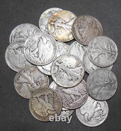 Walking Liberty half-dollars roll of 20, 90% silver circulated $10 face mix date