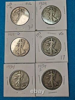 (lot of 6) 1928-S, 1929-S, 1929-D, 1933-S, 1934-P, & 1934-S 50c Walking Liberty